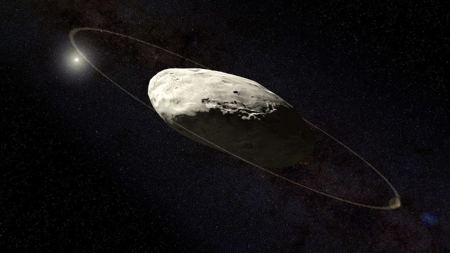 Illustration av dvärgplaneten Haumea som har en ring.